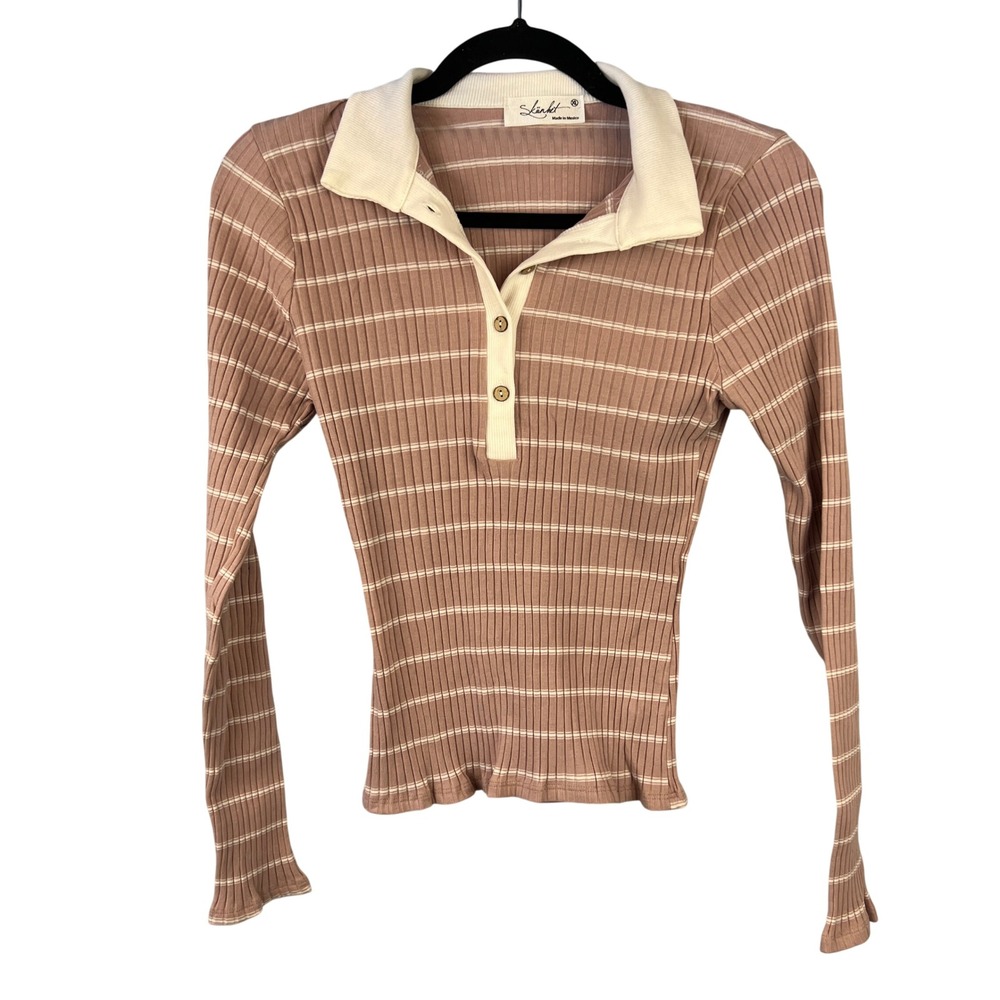 Striped Long Sleeve Collared Henley Polo Size XL Pink‎ White Y2K 90s